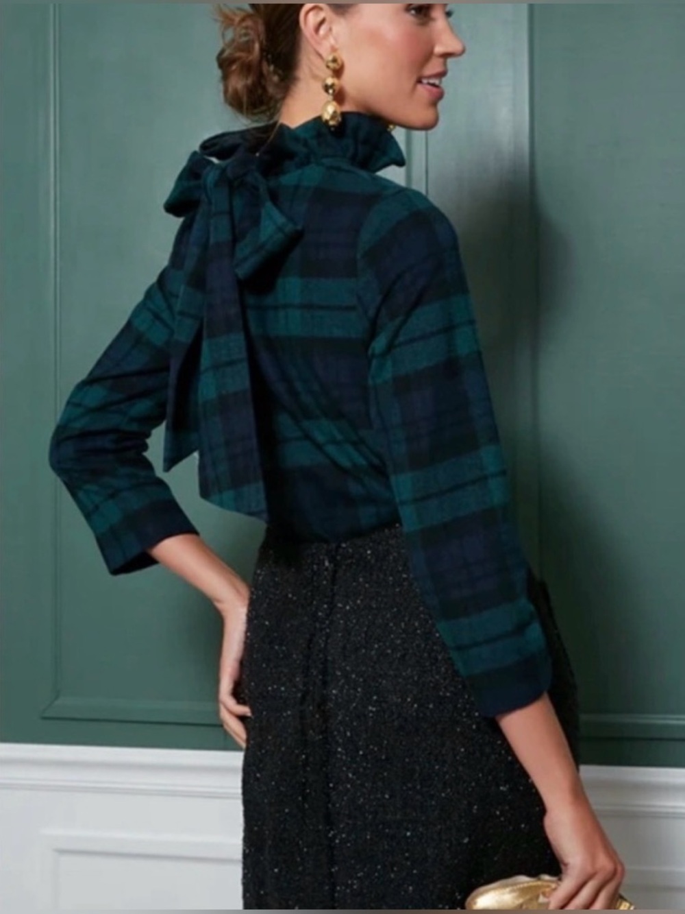 Tuckernuck Daphne Ruffle Tie-Back Wool Blend Top Blackwatch Plaid Small Preppy - Picture 4 of 14